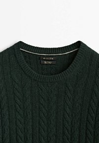 Dunkelgrüner Strickpullover mit einem Kabelmuster, Rundhalsausschnitt und geripptem Kragen. Etikett trägt die Aufschrift "Massimo Dutti". Weiche Textur.