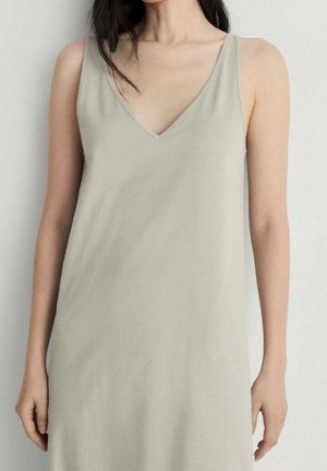 Hellgraues, ärmelloses Kleid mit V-Ausschnitt. Hergestellt aus weichem Stoff, mit lockerem Schnitt und minimalistischem Design.