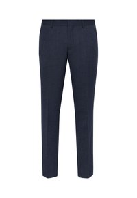 Tmavě modré kalhoty na míru, vyrobené z texturované tkaniny, s rovný střih, plochým předním dílem a bez viditelných kapes či ozdob.