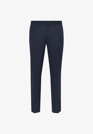 Tamno plave elegantne hlače, izrađene od teksturiranog materijala, s ravnim krojem, ravnim prednjim dijelom i bez vidljivih džepova ili ukrasa.