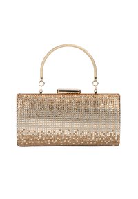 Rechteckige strukturierte Handtasche aus metallischem Netzmaterial mit einem goldfarbenen oberen Griff und einem Farbverlauf aus klaren und goldenen Strasssteinen.