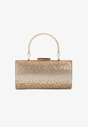Rechteckige strukturierte Handtasche aus metallischem Netzmaterial mit einem goldfarbenen oberen Griff und einem Farbverlauf aus klaren und goldenen Strasssteinen.
