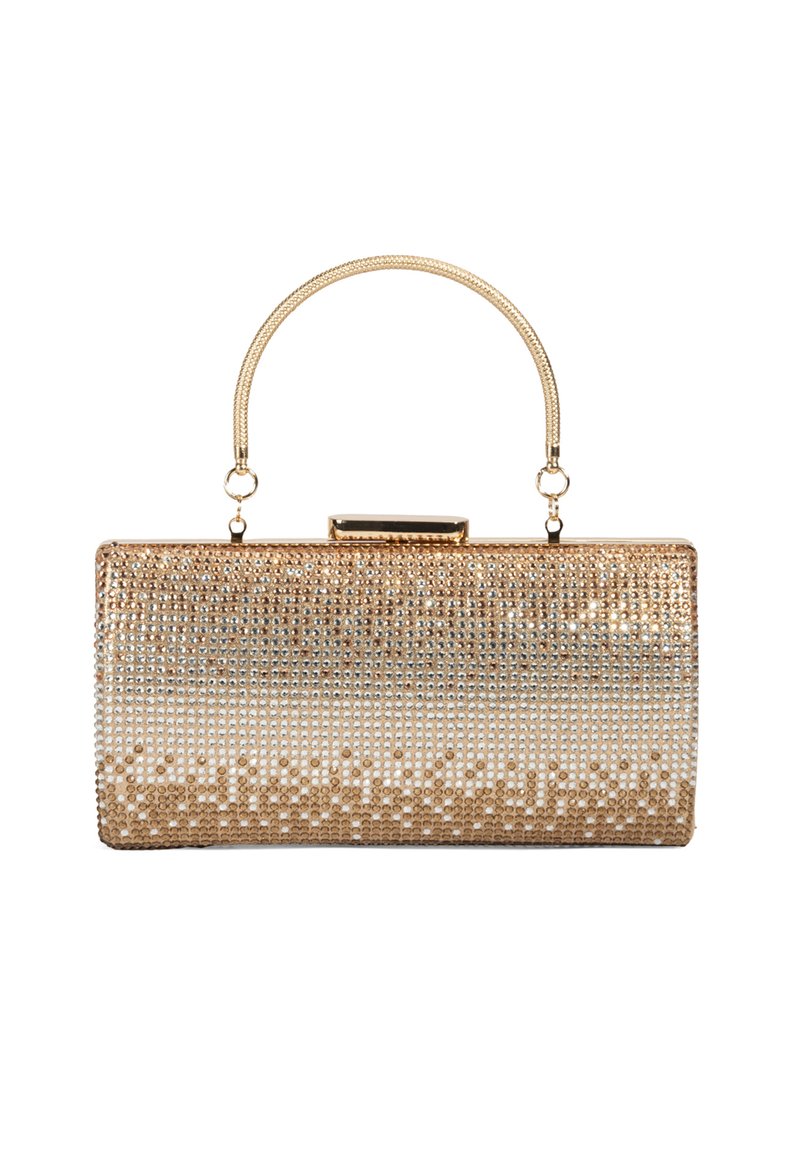 Rechteckige strukturierte Handtasche aus metallischem Netzmaterial mit einem goldfarbenen oberen Griff und einem Farbverlauf aus klaren und goldenen Strasssteinen.