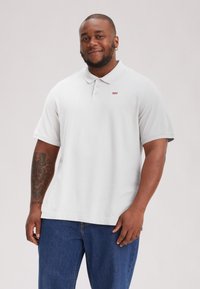 Lys grå polo med krage og tre knapper, med en liten rød logo på brystet. Brukt med blå denimjeans.