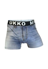 Boxershorts i denimmönster med en svart midja och vit text, som simulerar utseendet av blå denimtyg.