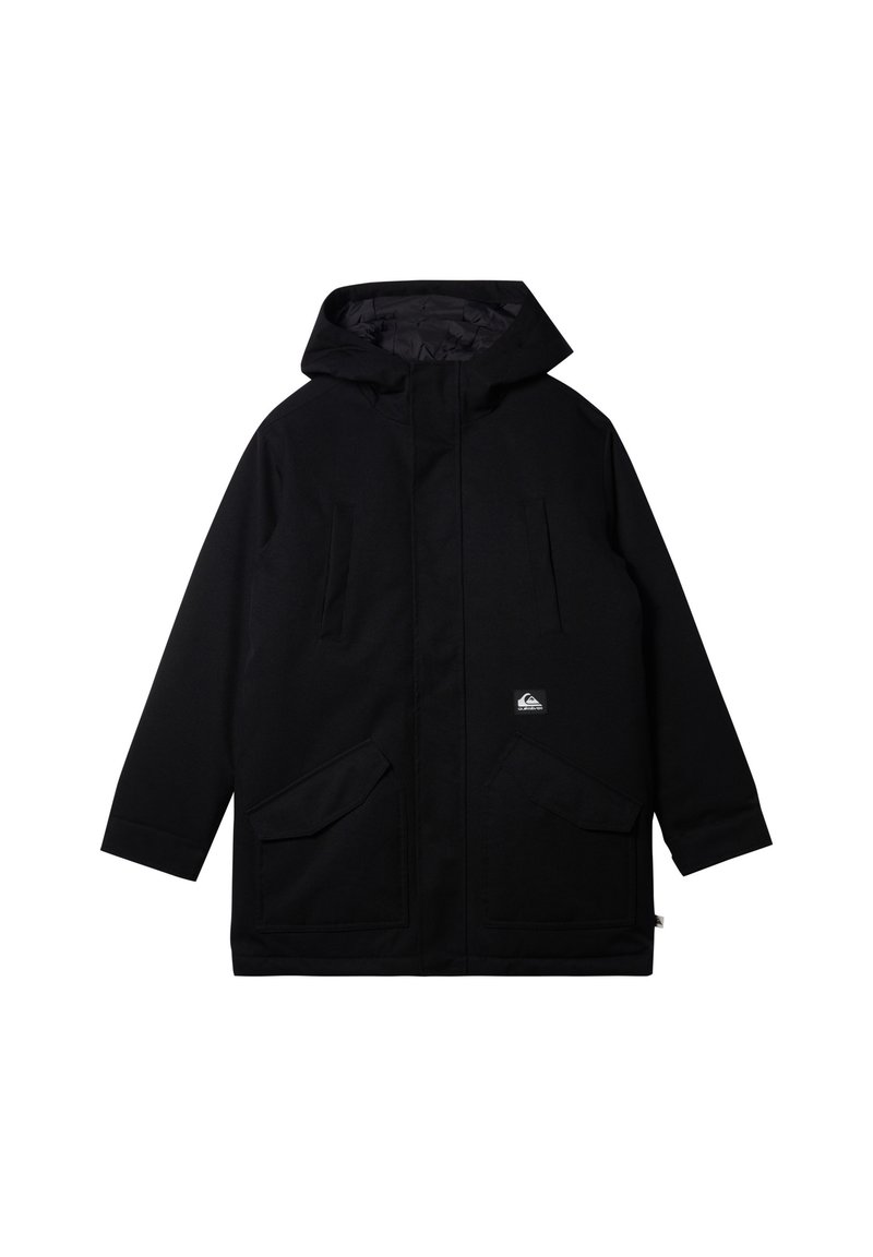 Parka noire avec capuche, comportant deux grandes poches avant et un patch logo sur le côté gauche. Fabriquée en matériau texturé.