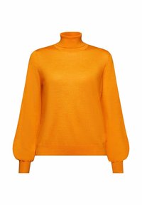 Pull orange vif à manches longues avec un col roulé haut et des manches légèrement bouffantes se terminant par des poignets ajustés.