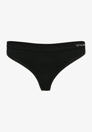 Zwarte katoenen string met een brede tailleband en ribbelstructuur. Heeft een lichte glans en een klein logo op de tailleband.