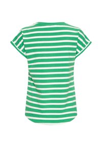 Zöld és fehér vízszintes csíkos rövid ujjú ing kerek nyakkivágással, hátulnézetben.