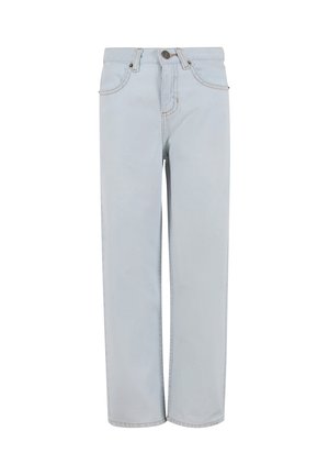 Lyseblå jeans med lige ben, forlommer, bæltestropper og knaplukning i taljen.