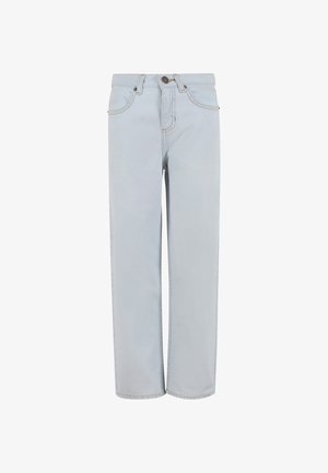 Jean bleu clair droit avec poches avant, passants pour ceinture et fermeture par bouton à la taille.