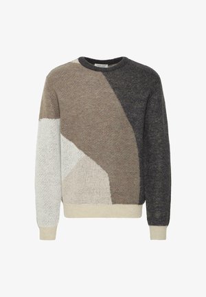 Meeste ümmarguse kaelusega sviiter, millel on geomeetriline värvi blokkmuster tumemust, pruun, beež ja valgest lõngast kootud kangas.