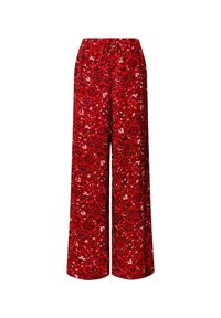 Pantaloni larghi a fiori rossi con vita elastica; presentano un vivace motivo di piccoli fiori bianchi e blu su uno sfondo rosso.