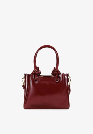 Bolso de mano de cuero burdeos con asas superiores anudadas, cierres en tono dorado y correa de hombro desmontable, con la marca "BOSANOVA" en el frente.