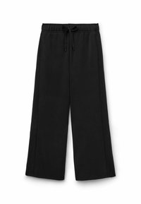 Zwarte wijde sweatpants gemaakt van een zachte stof, met een rekbare tailleband met een trekkoord en zijzakken voor extra gemak.