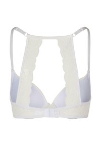 Hvit blonde-bak bh med en glatt, formet koppdesign. Justerbare stropper og krok-lukking bak. Blonde detaljer langs kantene.