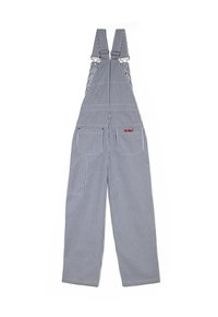 Salopette a righe blu e bianche con bretelle regolabili, grandi tasche frontali e un piccolo logo rosso sulla tasca posteriore. Realizzata in tessuto resistente.