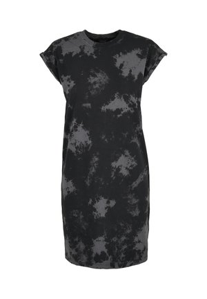 Abito nero a maniche corte tie-dye con motivi astratti grigi e maniche risvoltate, lunghezza al ginocchio, scollo rotondo.