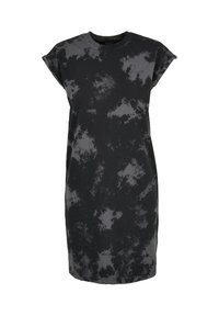 Mustast lühikeste varrukatega tie-dye kleit hallide abstraktsete mustrite ja üleskeritud varrukatega, põlvpikk, ümara kaelusega.