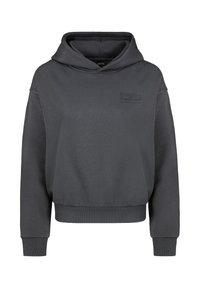 Gray hooded sweatshirt with a relaxed fit, ribbed cuffs and hem, featuring a small print on the chest. Soft cotton blend material.