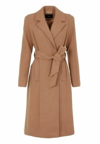 Manteau long en laine couleur camel avec larges revers, deux poches devant et une ceinture à nouer à la taille.
