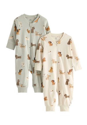 To babyheldragter i grå og creme med flerfarvede tegneseriehundeprints og frontlynlåse, lange ærmer og ankelmanchetter.