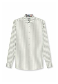 Gestreiftes Langarmhemd in Hellgrün und Weiß, aus Baumwolle gefertigt. Verfügt über eine Knopfleiste, einen klassischen Kragen und einen gemusterten Innenkragen.