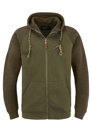 Olive green zip-up hoodie with a contrasting dark green raglan sleeve design, front pockets, and brown accent hardware on the zipper and hood.
