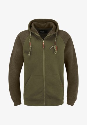 Olive green zip-up hoodie with a contrasting dark green raglan sleeve design, front pockets, and brown accent hardware on the zipper and hood.
