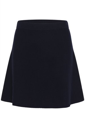 Tamsiai mėlynas megztas mini sijonas su išplatėjusia siluetu, elastine juosmens dalimi ir lygiu paviršiumi. Be matomų siūlių ar raštų.