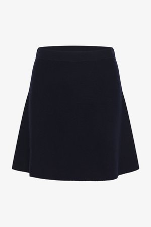 Marineblå strikket miniskjørt med en vid silhuett, elastisk midjebånd og glatt tekstur. Ingen synlige sømmer eller mønstre.