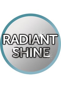 Sirkulært logo med lys blå kant, sølvfarget reflekterende midtparti, og fet tekst som sier "RADIANT SHINE" med glitrende detaljer.