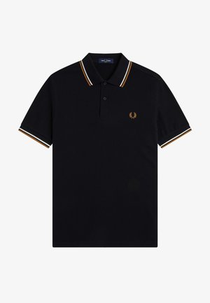 Black short-sleeve polo shirt with two-button placket, brown and white striped collar and cuffs, and small gold laurel logo on chest.