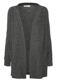 Cardigan de abertura frontal en tejido de punto gris oscuro, con mangas largas, bolsillos laterales y un ajuste holgado con una textura suave.