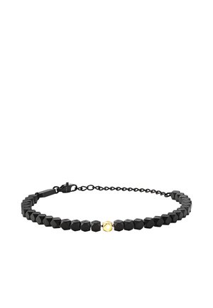 Czarna geometryczna bransoletka z koralików z akcentem w kolorze złotym. Posiada sześciokątne czarne koraliki oraz zapięcie i łańcuszek umożliwiający regulację.