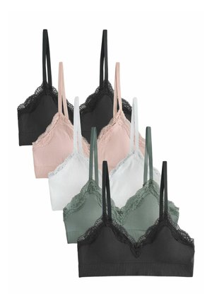 Set aus sechs Spitzen-besetzten Bralettes in Schwarz, Rosé, Weiß, Salbeigrün, geschichtet angeordnet mit dünnen verstellbaren Trägern.