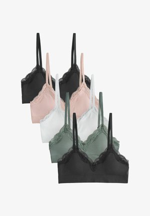 Set aus sechs Spitzen-besetzten Bralettes in Schwarz, Rosé, Weiß, Salbeigrün, geschichtet angeordnet mit dünnen verstellbaren Trägern.