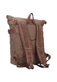 Brown fabric backpack with adjustable straps, top handle, and zippered pocket. Features textured material and a roll-top design with sewn accents.