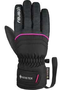 Gant de ski noir avec des accents roses, fabriqué en matériau texturé. Les caractéristiques comprennent un poignet élastique et une étiquette Gore-Tex pour l'imperméabilité.