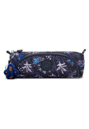 Estuche de lápices Kipling en azul oscuro con patrón floral. Cuenta con un cierre suave y un llavero de mono azul adjunto a una superficie de tela duradera.