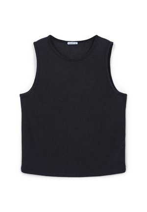 Top sans manches noir avec un col rond, fabriqué à partir d'un tissu doux. Design simple sans motifs ni embellissements visibles.