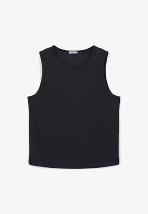 Top sans manches noir avec un col rond, fabriqué à partir d'un tissu doux. Design simple sans motifs ni embellissements visibles.