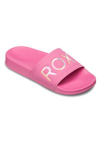 Pink slide sandal with a textured strap featuring the word "ROXY" in metallic lettering. Flat sole design with a smooth finish.