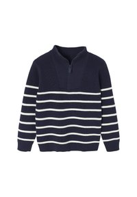 Marineblauer Pullover mit Viertelreißverschluss, mit weißen horizontalen Streifen und einem gerippten Material. Standardpassform und lange Ärmel.