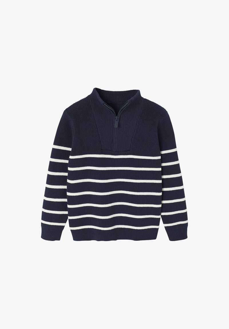 Marineblauer Pullover mit Viertelreißverschluss, mit weißen horizontalen Streifen und einem gerippten Material. Standardpassform und lange Ärmel.