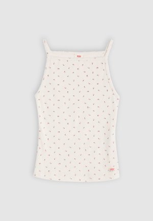 Haut blanc sans manches avec fines bretelles, petit imprimé floral rose, et étiquette logo rouge Levi's en bas à droite.