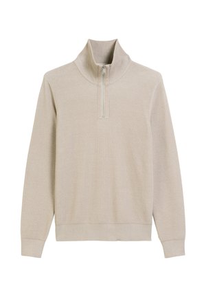 Beiger Pullover mit hohem Kragen und einem Viertel-Reißverschluss an der Vorderseite. Texturiertes Gewebe, gerippte Bündchen und Saum, die eine lockere Passform bieten.