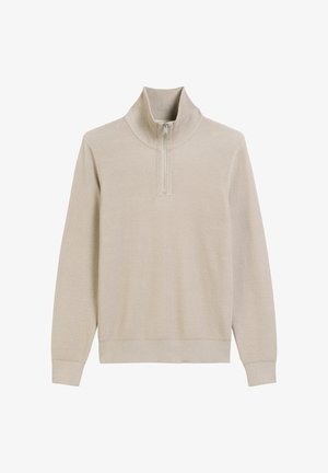 Beiger Pullover mit hohem Kragen und einem Viertel-Reißverschluss an der Vorderseite. Texturiertes Gewebe, gerippte Bündchen und Saum, die eine lockere Passform bieten.