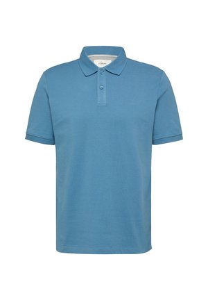 Modré polokošeľa s krátkymi rukávmi, golierom, dvojtlačidlovou légou a malým vyšívaným logom na hrudi.