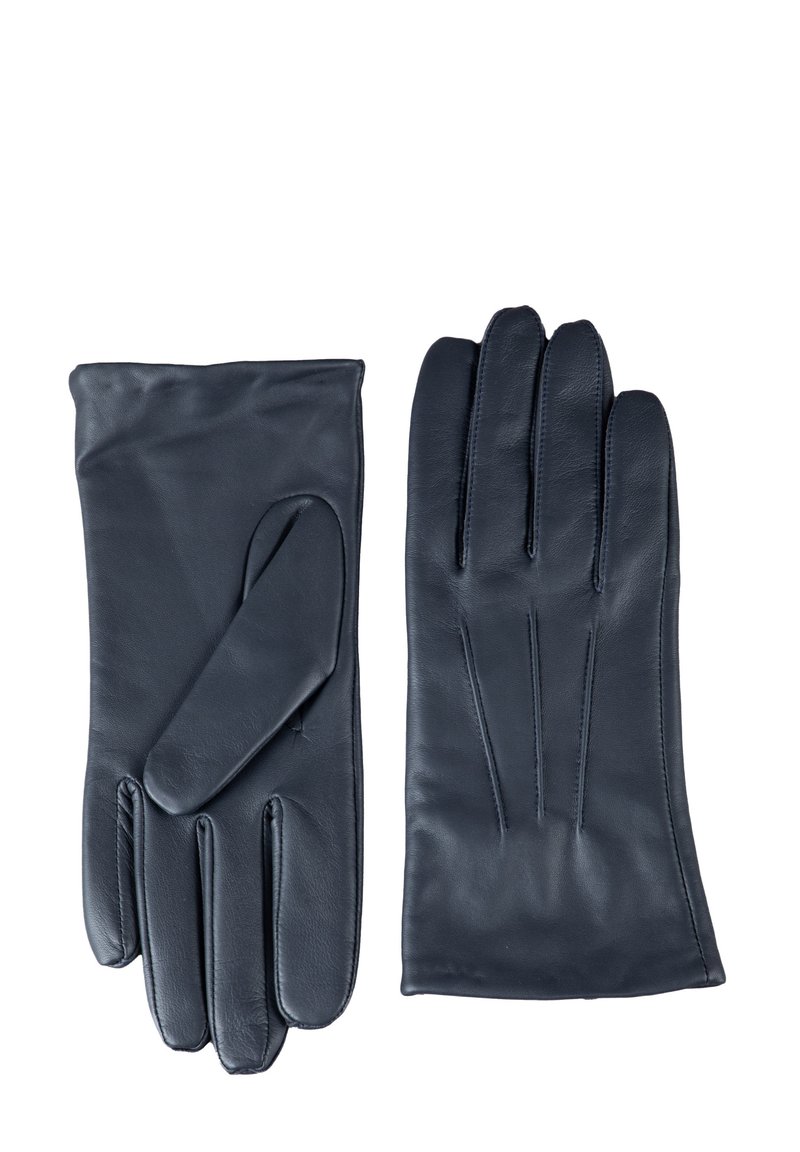 Navy leather gloves featuring a smooth texture, four fingers, and a folded cuff with stitching details. Design is classic and functional.